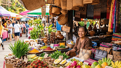 Colorful local market with handcrafted goods and exotic fruits